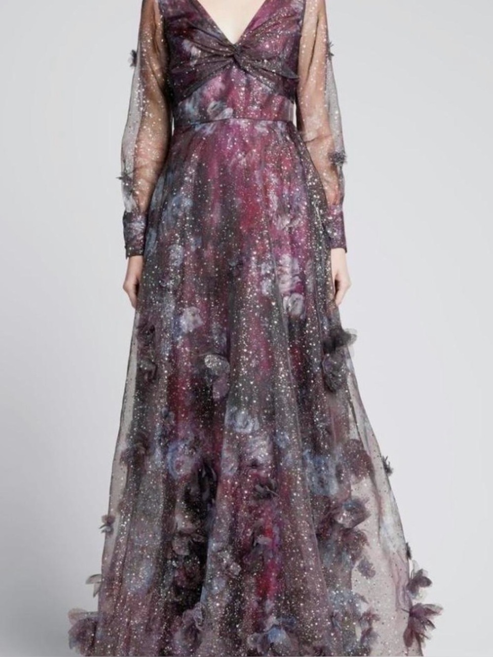 Marchesa Notte Foiled Floral Organza Gown with 3D Flowers — Size 6 NWT